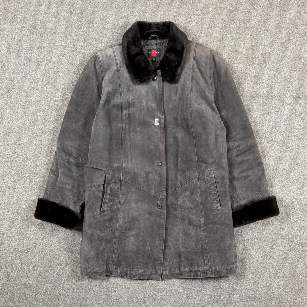 Vintage Y2K Gallery Brown Grey Suede Leather Coat Faux Fur Trim Jacket Womens XL
